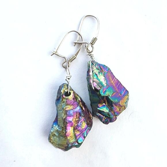 Handmade Sterling Silver Earrings Long Natural Stone Titanium Quartz AB Teardrop - Picture 1 of 5
